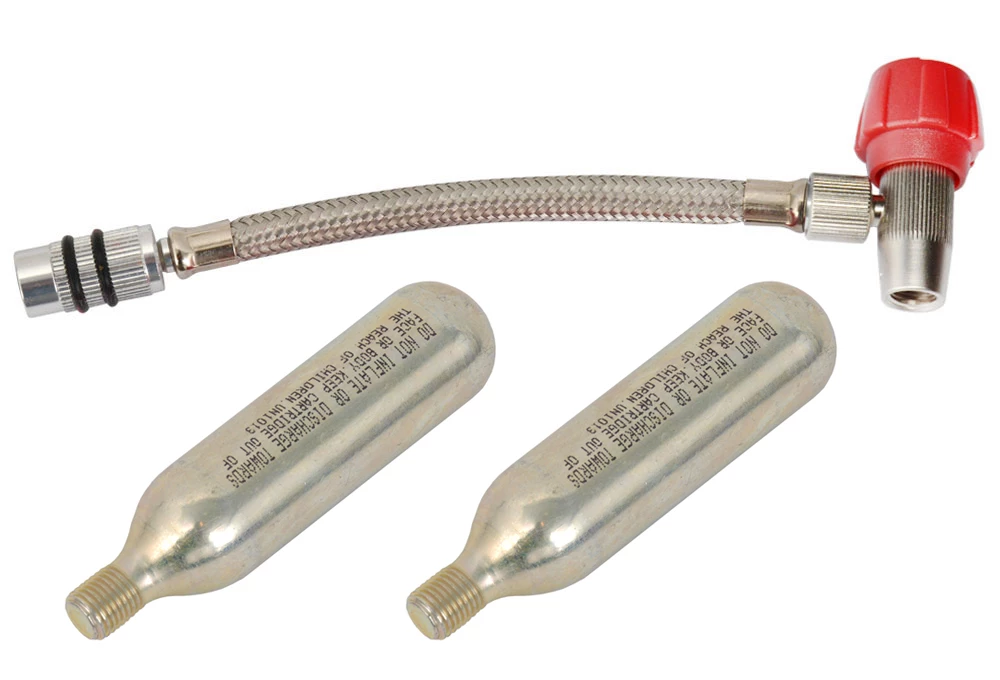 Radon Pompe à CO₂ Avec Raccord Aeroquip Flex +2 Cartouches 16 G 1 Radon Pompe à CO₂ Avec Raccord Aeroquip Flex +2 Cartouches 16 G