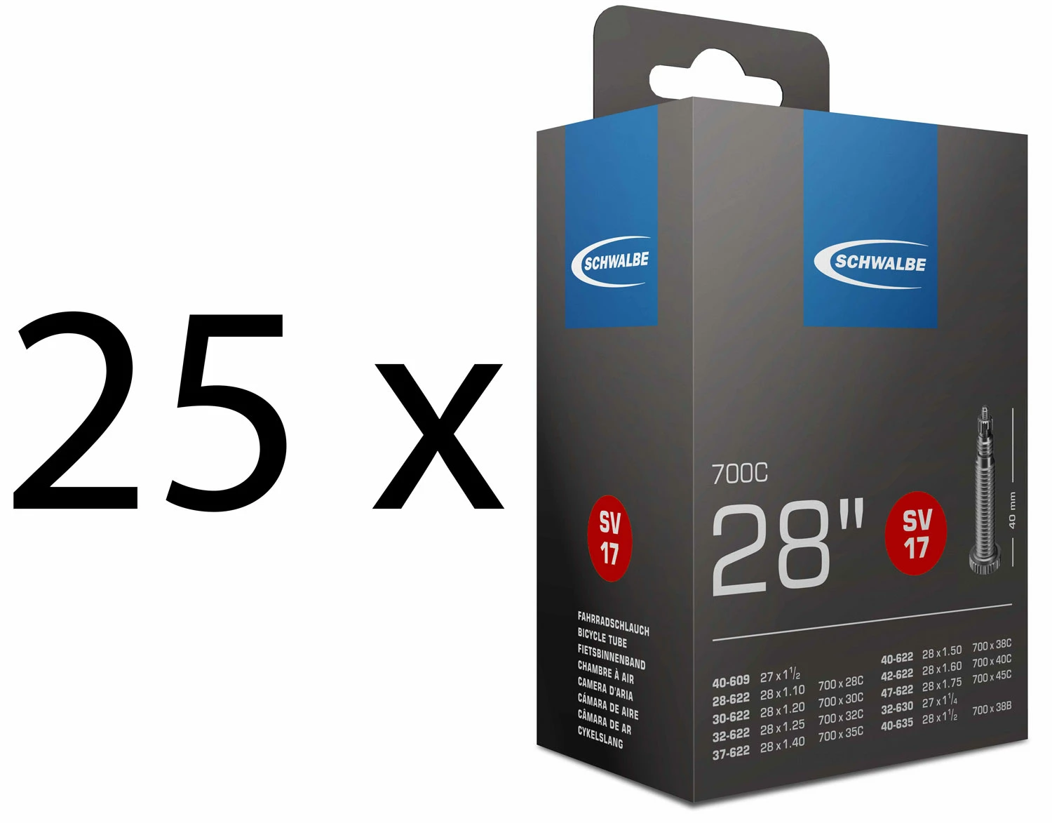 Schwalbe Chambre à Air SV 17 Pour 28" (25 Pièces) 1 Schwalbe Chambre à Air SV 17 Pour 28" (25 Pièces)
